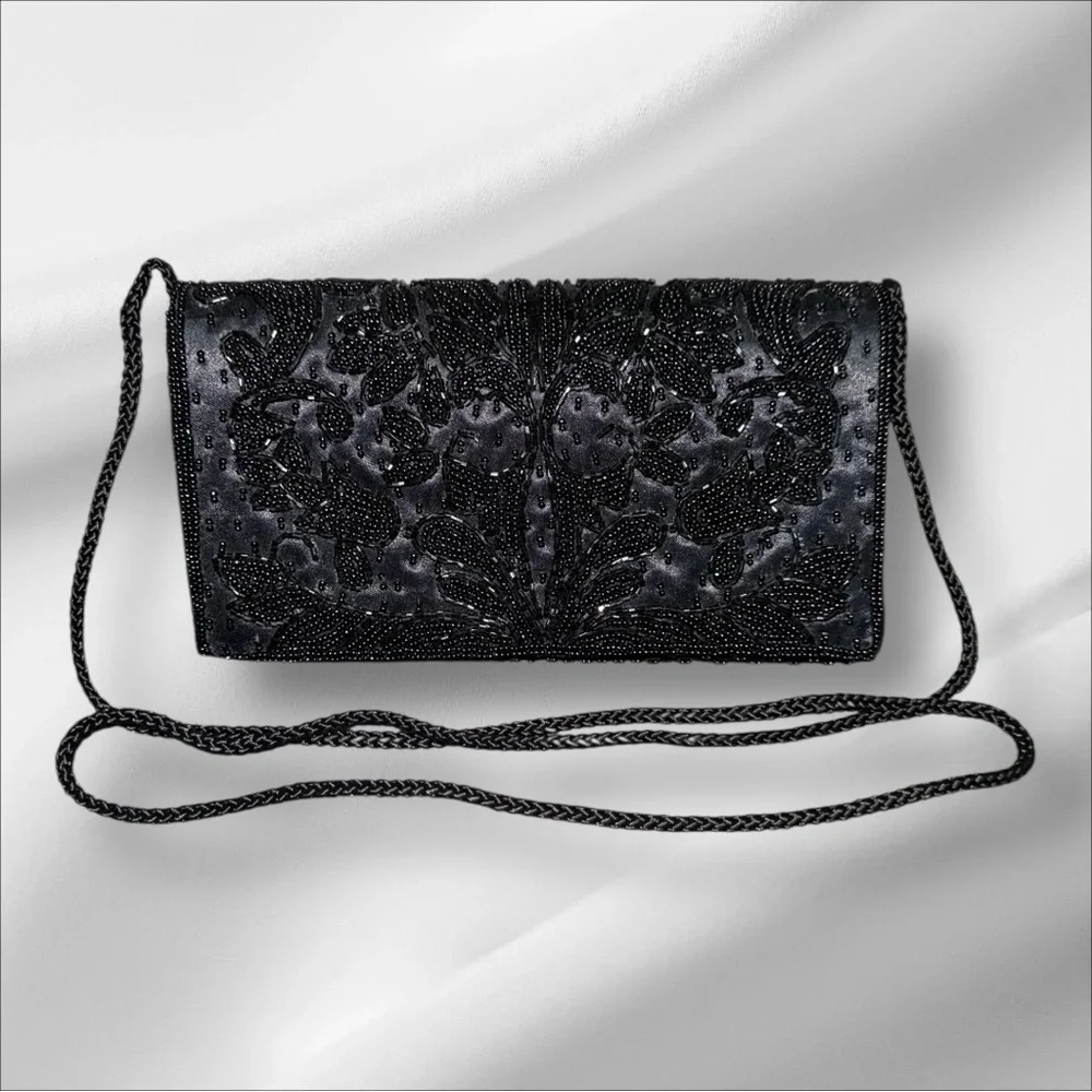 Vintage Valerie Stevens EUC Black Bead Satin Evening Bag Clutch - Picture 7 of 7